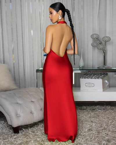 Dahlia Red Draped Halter Maxi Dress (9/3/25)