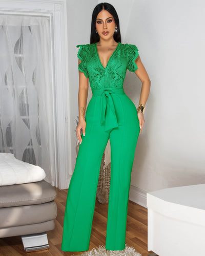 Ecco Green Crochet Lace See-Through Top Jumpsuit