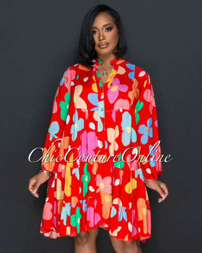 Charlene Red Multi-Color Floral Print Shirt Dress