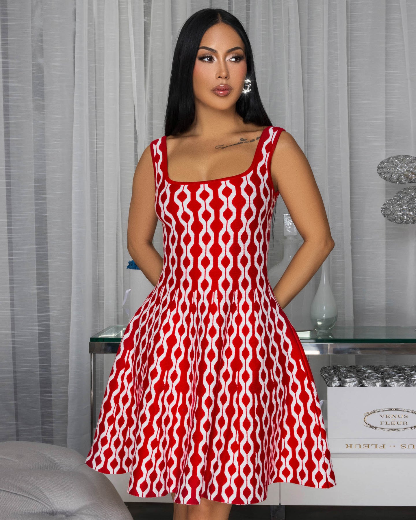 Cannia Red White Print Knit Skater Dress