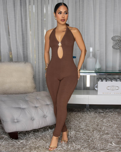 Rosalia Mocha Body-Con Ribbed Halter Jumpsuit
