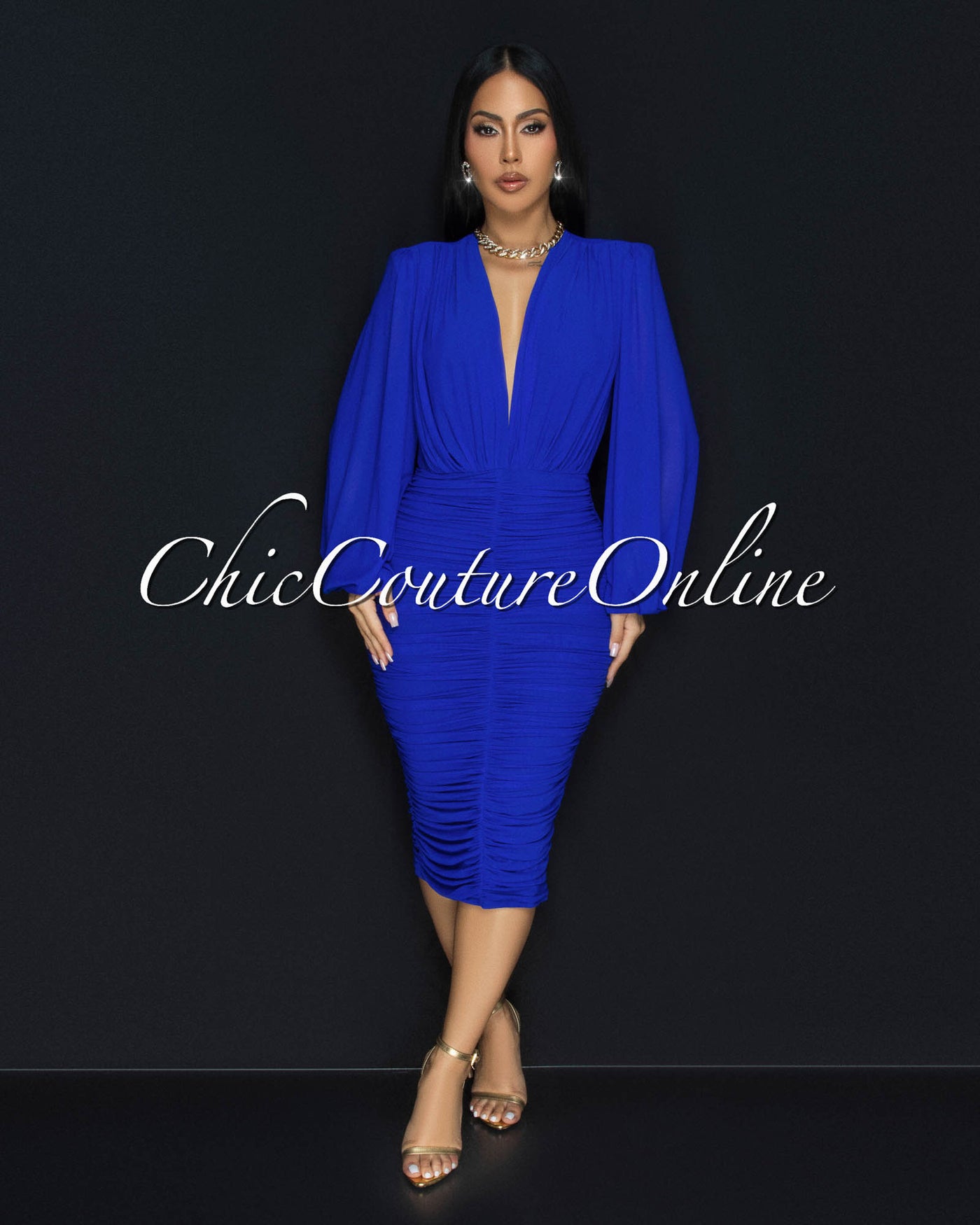 Vanica Royal-Blue Mesh Overlay Plunging V-Neck Midi Dress