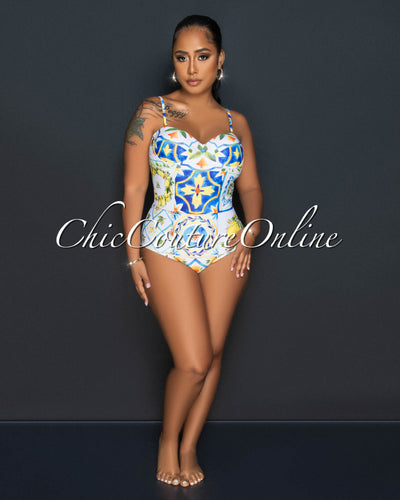 Jimma White Baby Blue Print Swimsuit & Cover Up Set