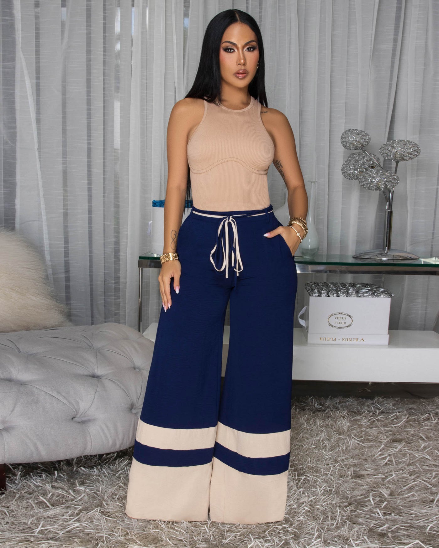 Teagan Navy-Blue Nude Trim Silky Pants