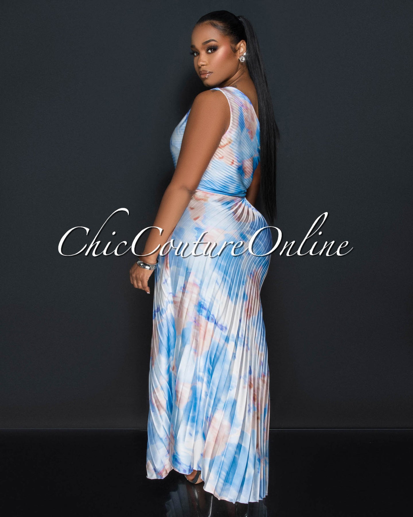 *Sabia Blue Nude Pleated Single Shoulder Silky Maxi Dress