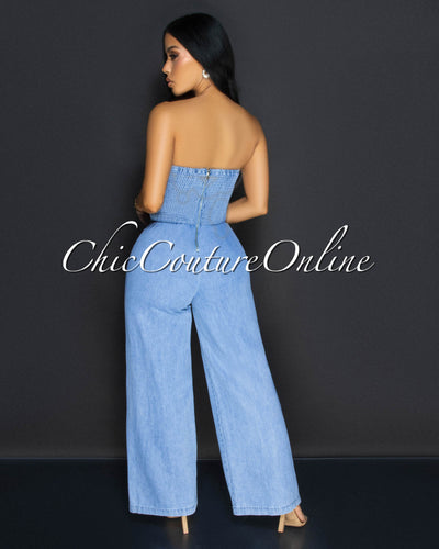 Venette Light Denim Bow Strapless Jumpsuit