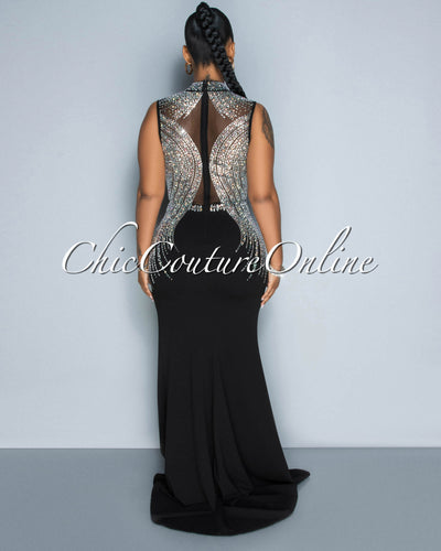 Charlotte Black Mesh Bust Rhinestones Maxi Dress