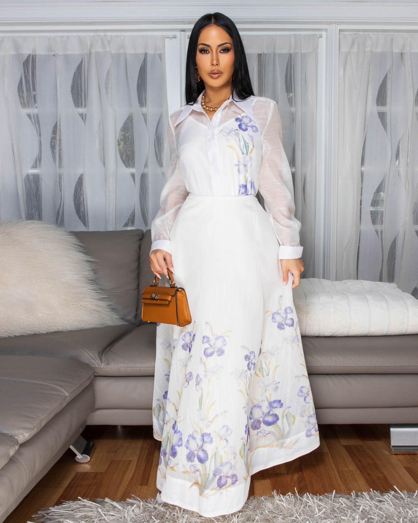*Filipia Beige Purple Floral Blouse & Maxi Skirt Set