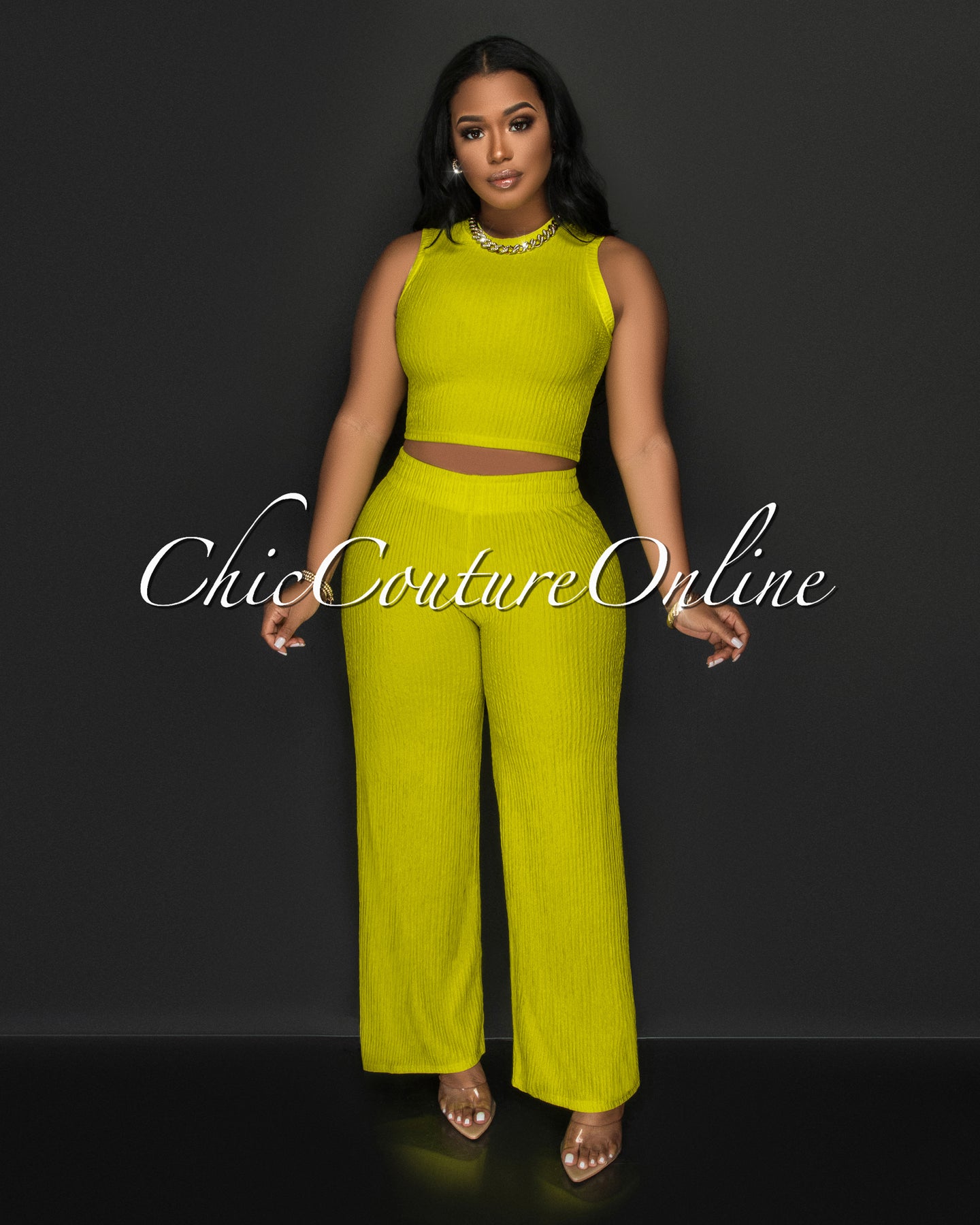 Katye Lime Front Crop Top & Wide Pants Textured Set