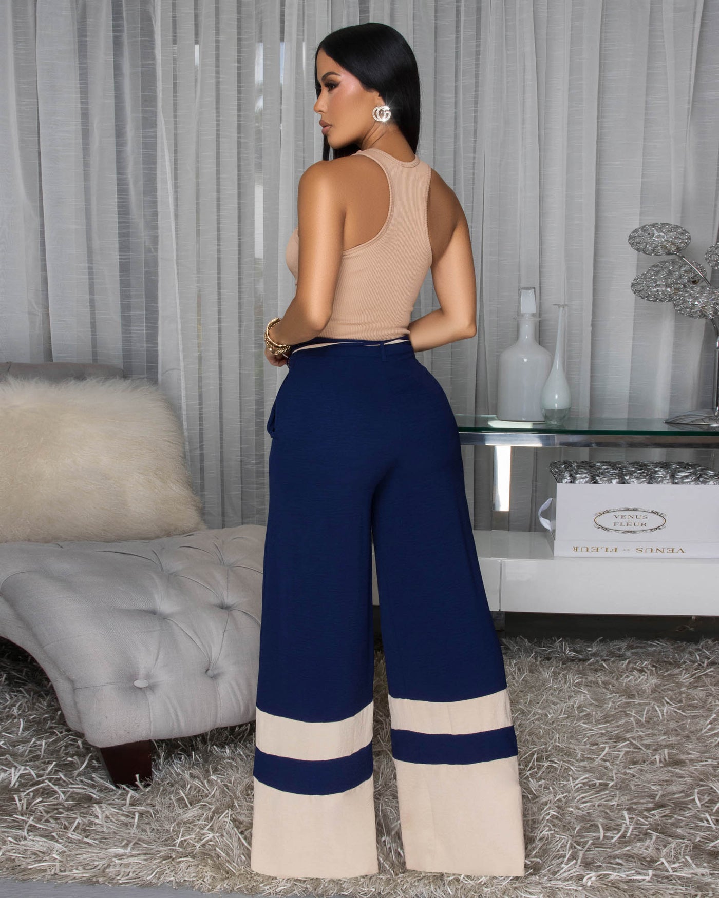 Teagan Navy-Blue Nude Trim Silky Pants