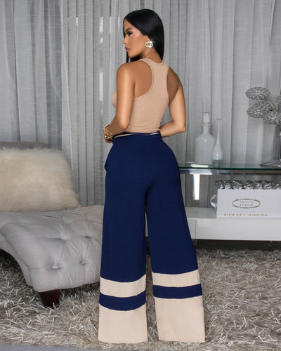 Teagan Navy-Blue Nude Trim Silky Pants