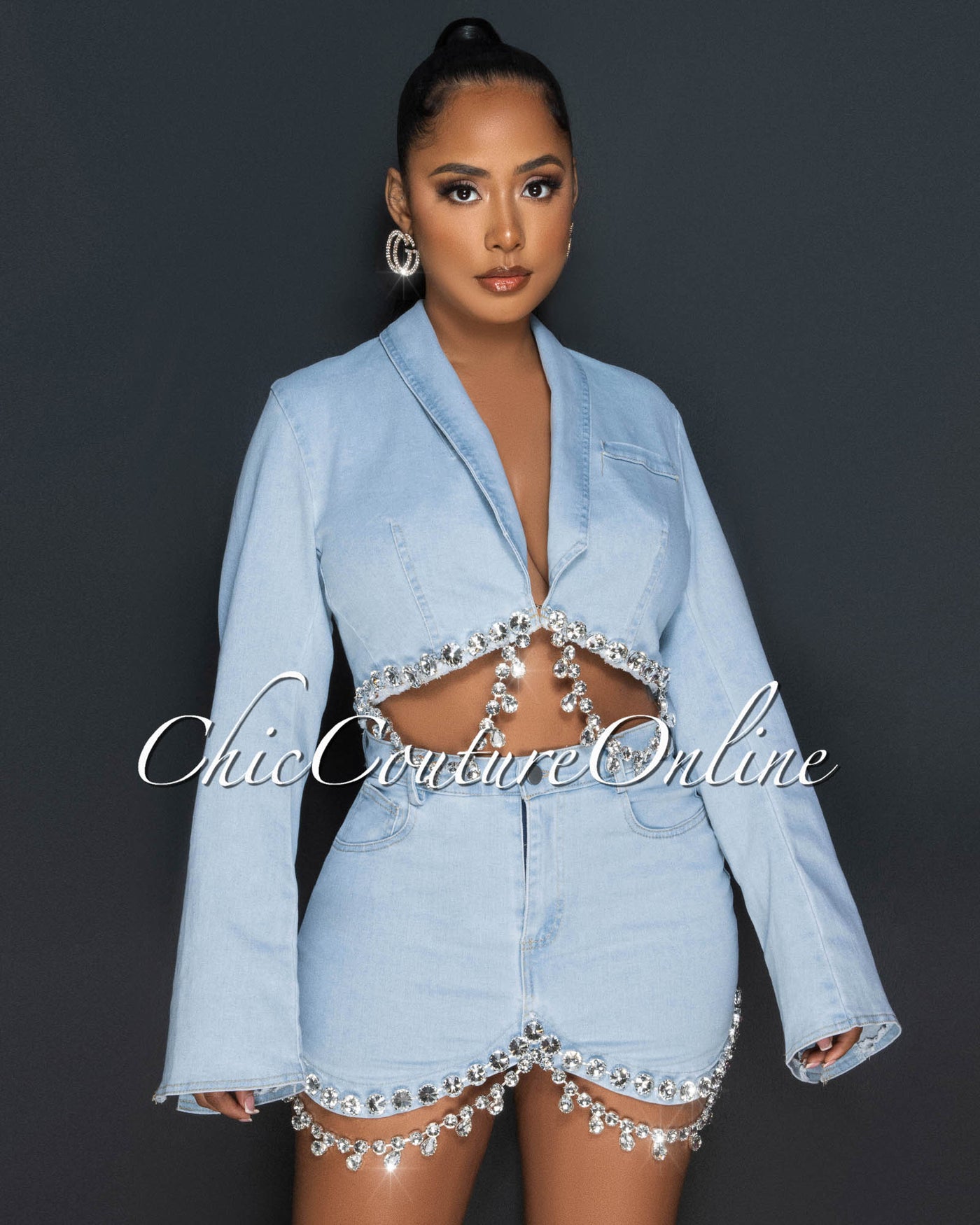 Derek Light Denim Rhinestones Crop Top & Mini Skirt Set