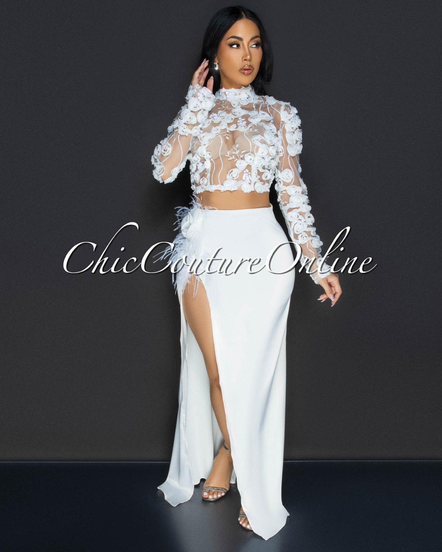 Nea White Floral Crop Top & Maxi Silk Skirt Set