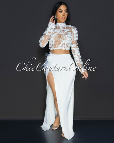 Nea White Floral Crop Top & Maxi Silk Skirt Set