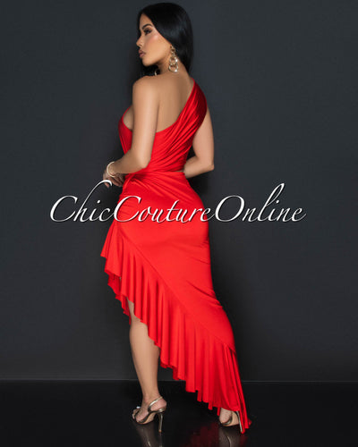 Nilia Tomato Red Cut-Out Hi-Lo Ruffle Hem Maxi Dress