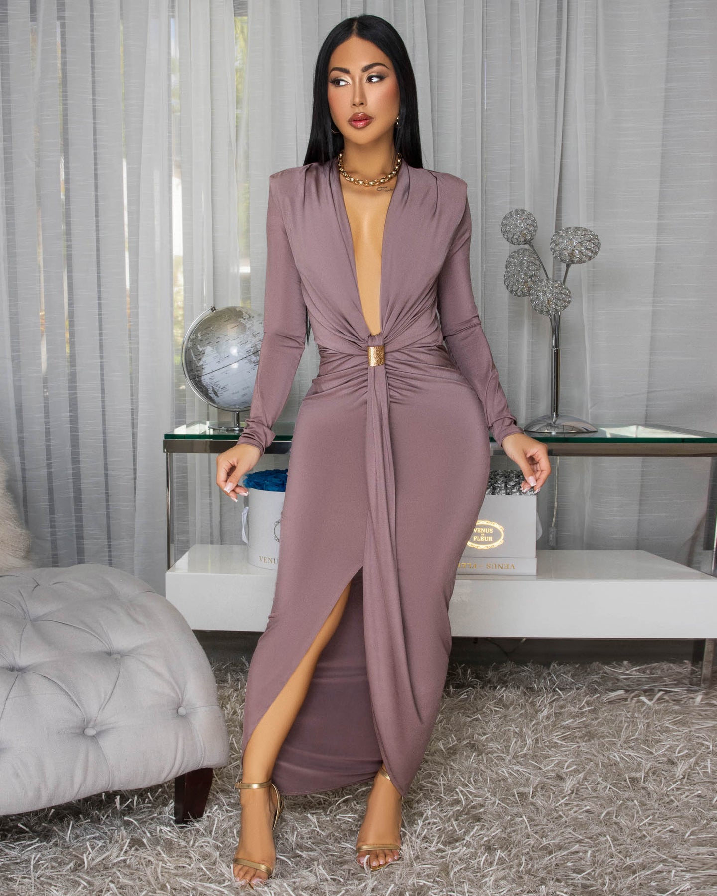 Delta Taupe Plunging V Neckline Maxi Dress