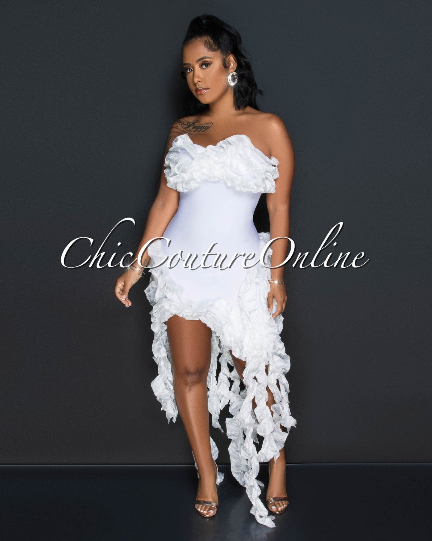 Marta Off White Origami Ruffle Accent Bandage Dress Chic Couture Online