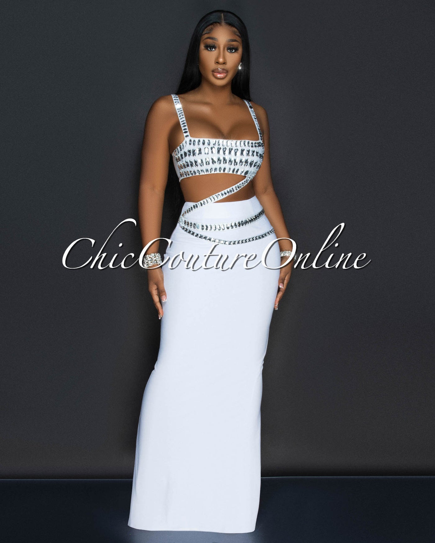 Dezire White Rhinestones Crop Top & Maxi Skirt Set