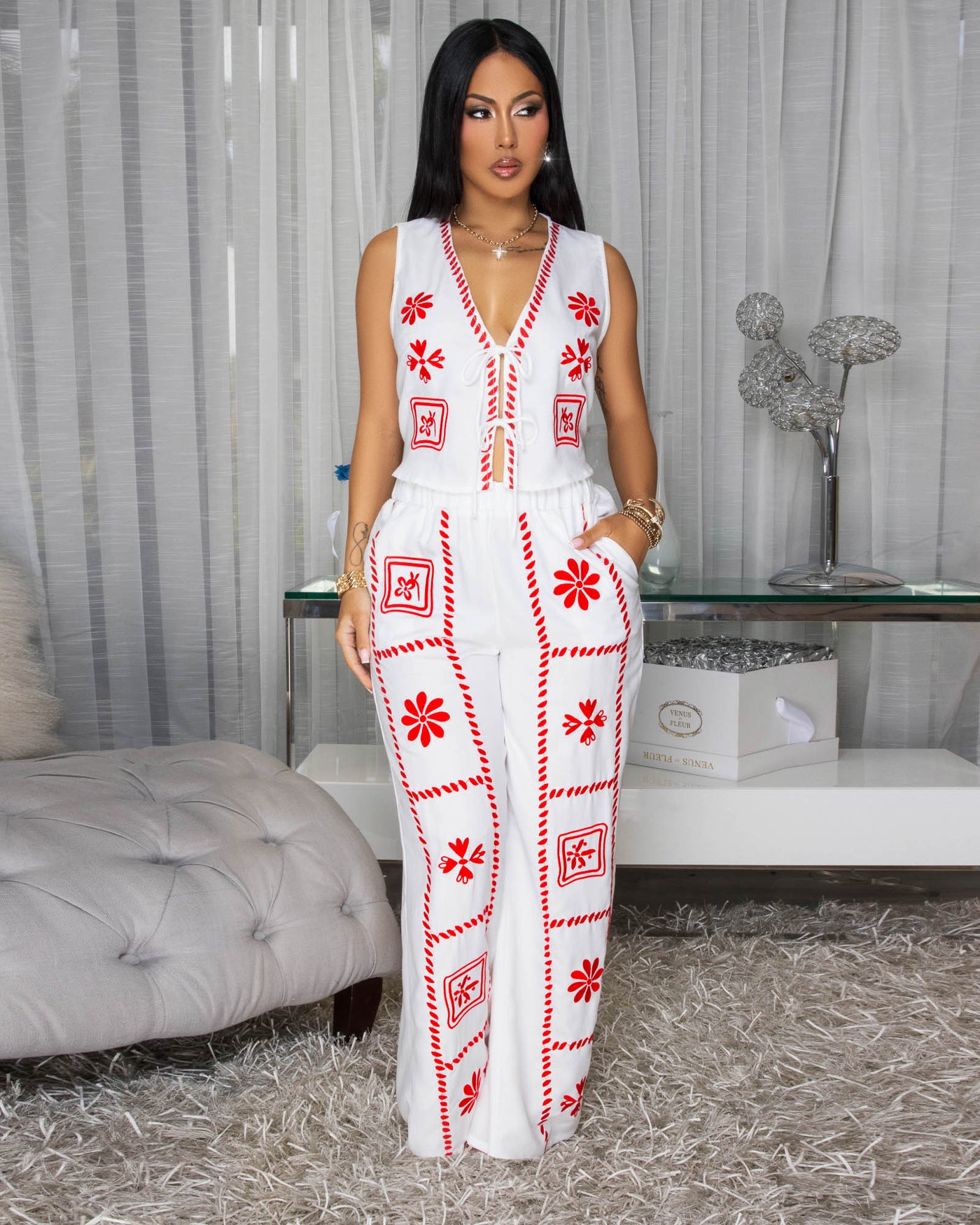 Jianna White Red Embroidery Pants Set
