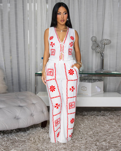 Jianna White Red Embroidery Pants Set
