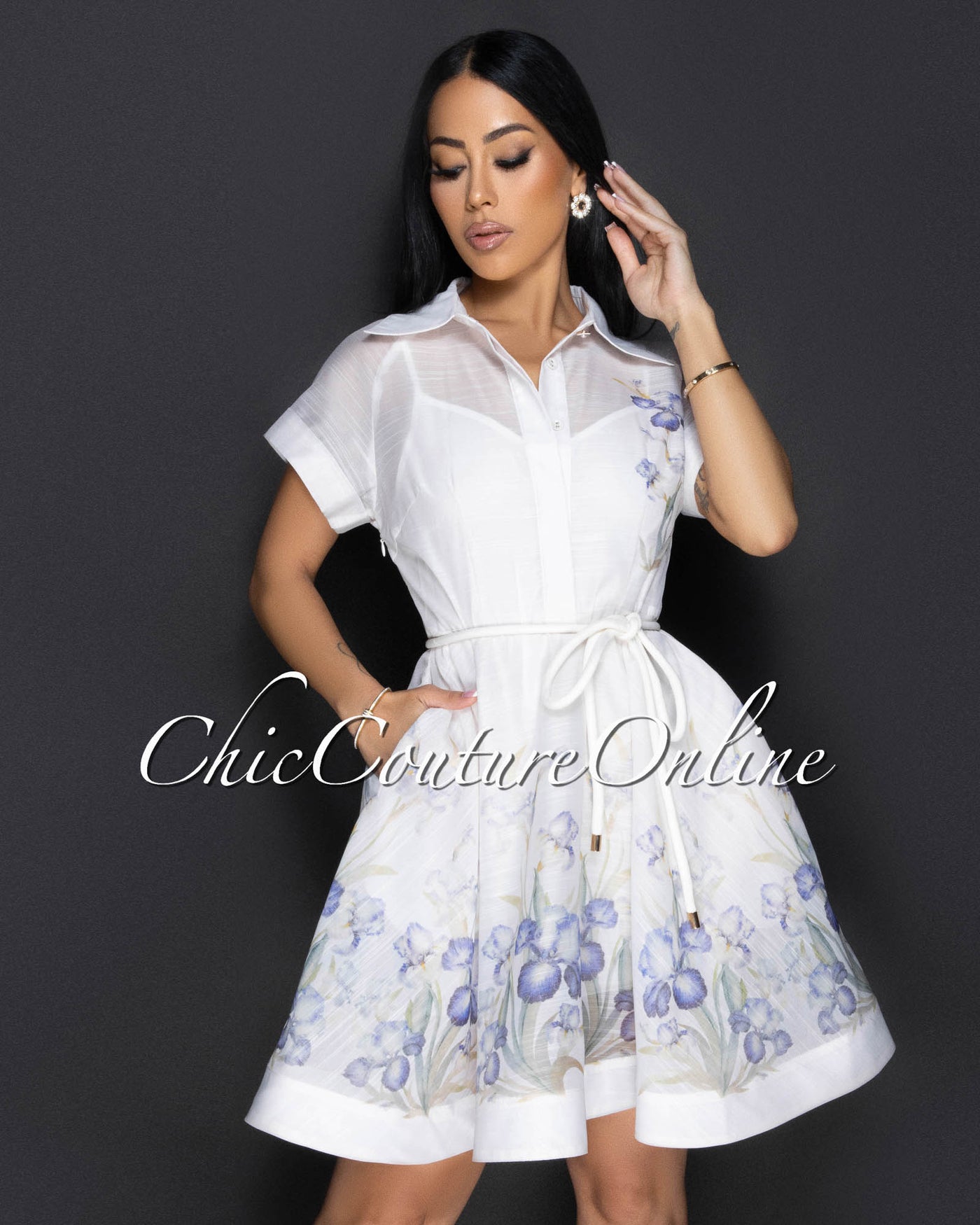 Izuna White Lilac Floral Print Belted Dress