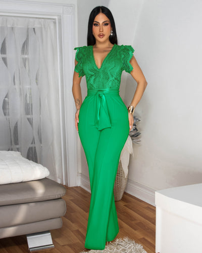 Ecco Green Crochet Lace See-Through Top Jumpsuit