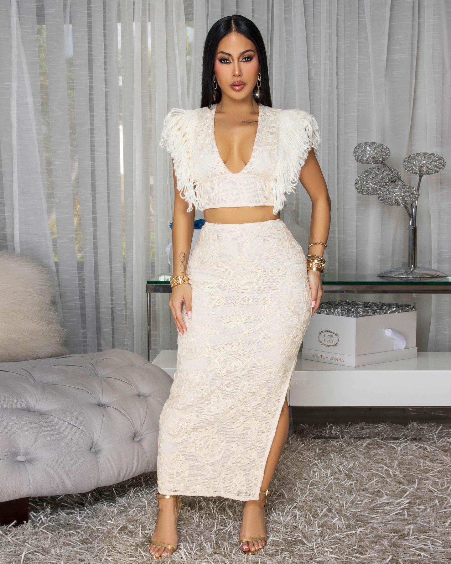 Blake Off-White Beige Crochet Top & Skirt Two Piece Set