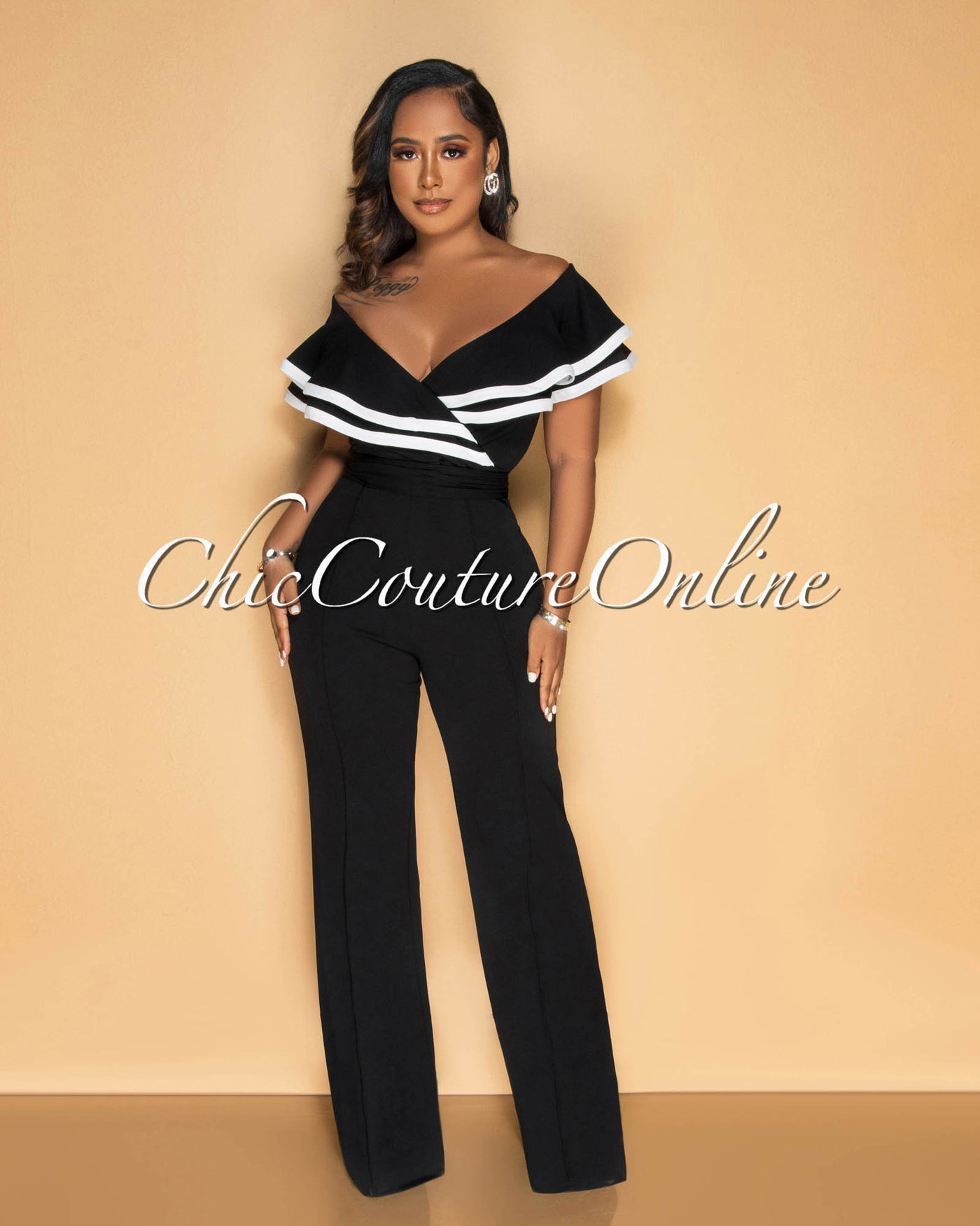 Mara Black White Trim Ruffle Bust Jumpsuit