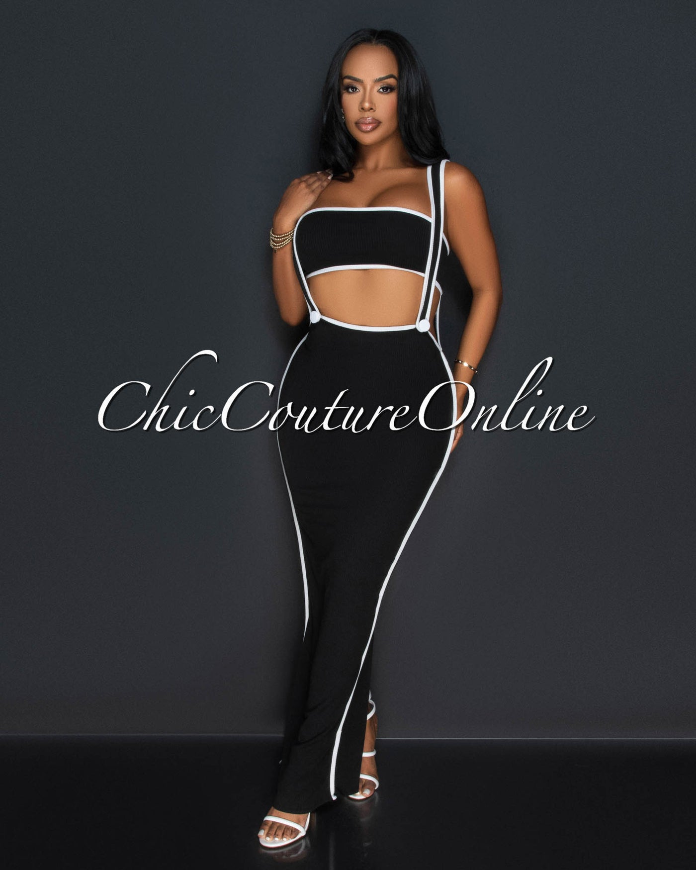 Ola Black White Tube Crop Top & Overall Skirt Set
