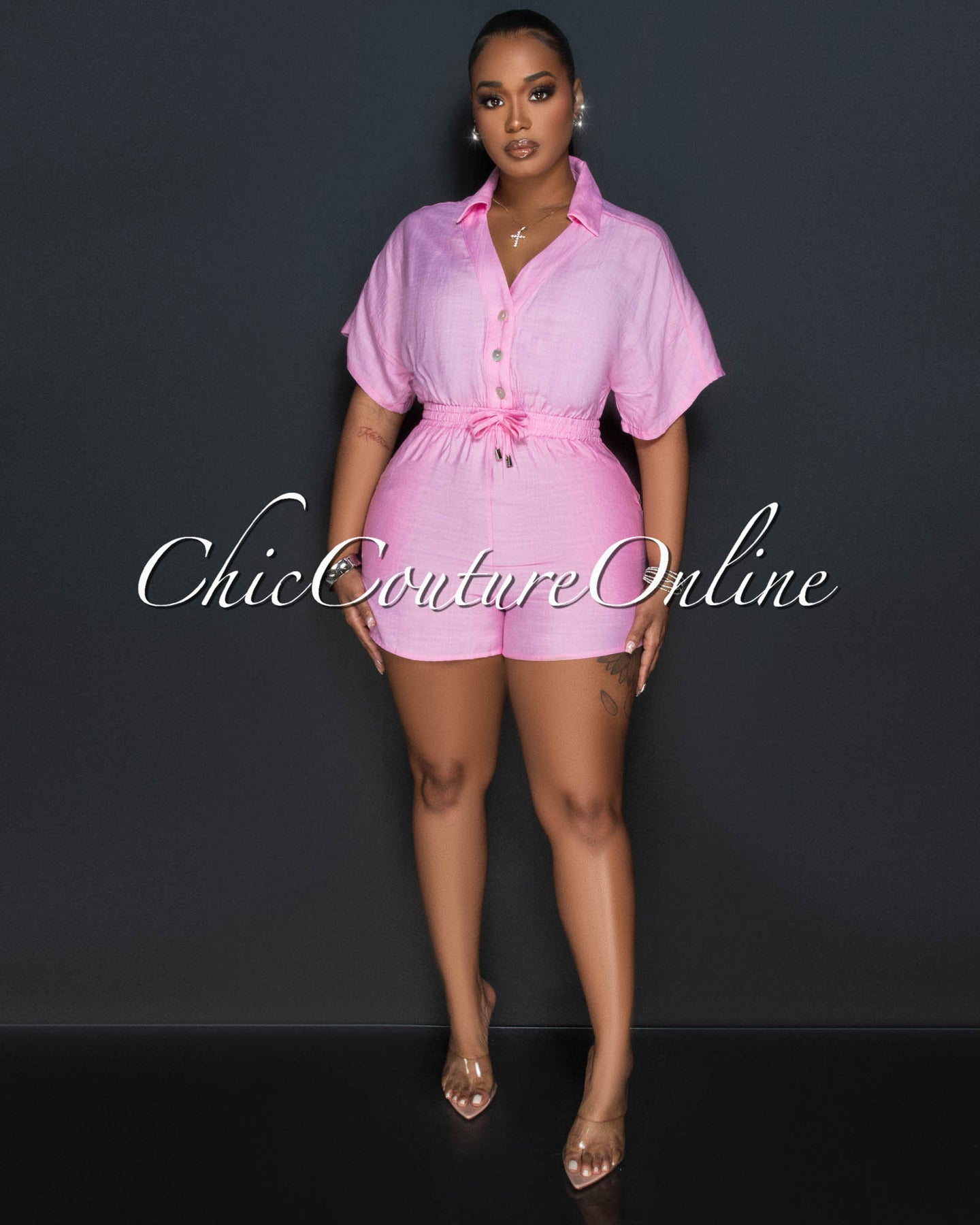 Fausta Baby Pink Front Buttons Utility Romper