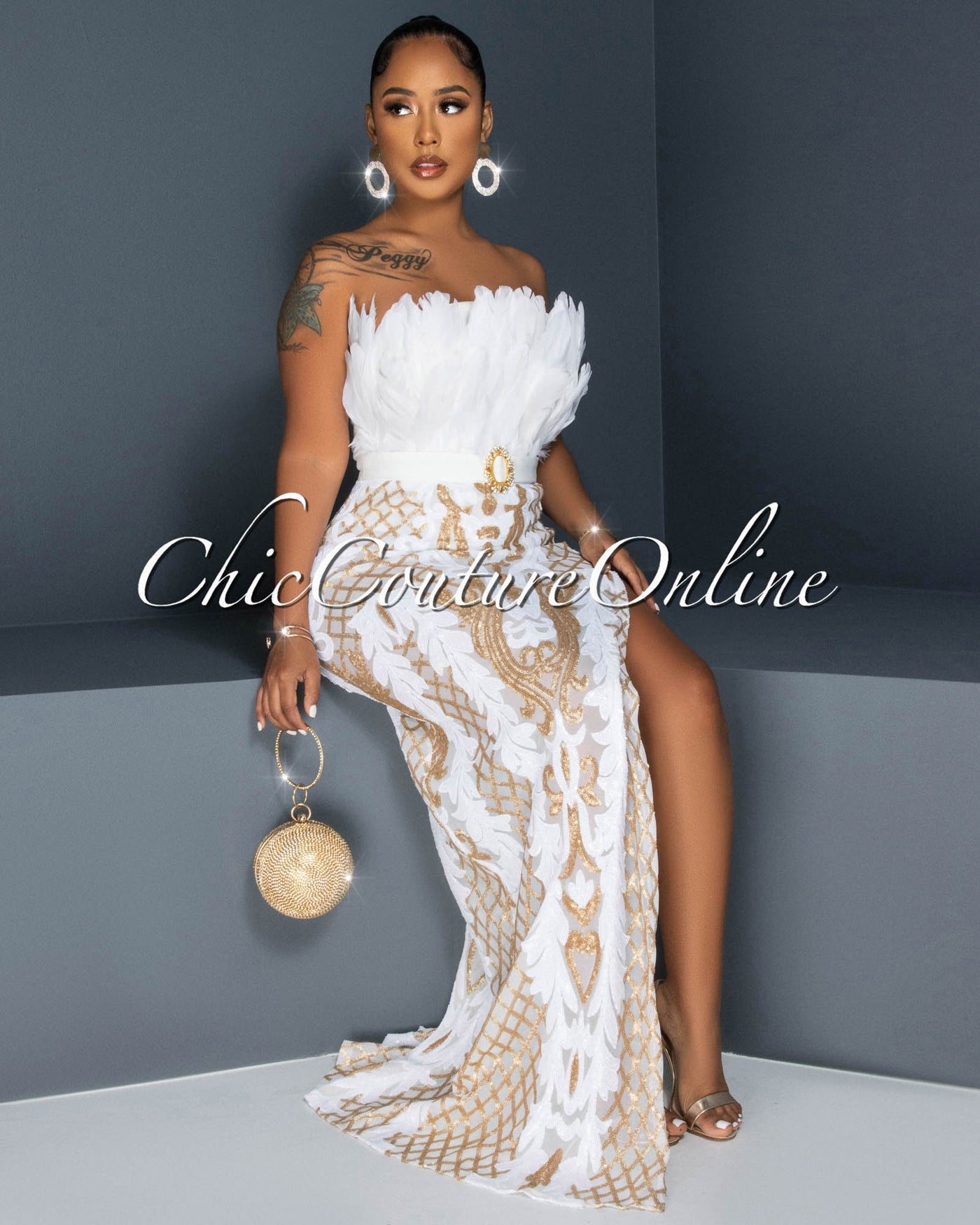 Rachelle White Gold Sequins Feather Bust Bodysuit Maxi Dress