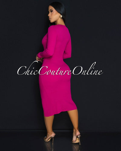 Karissa Magenta Ribbed Gold Buttons Sweater Dress