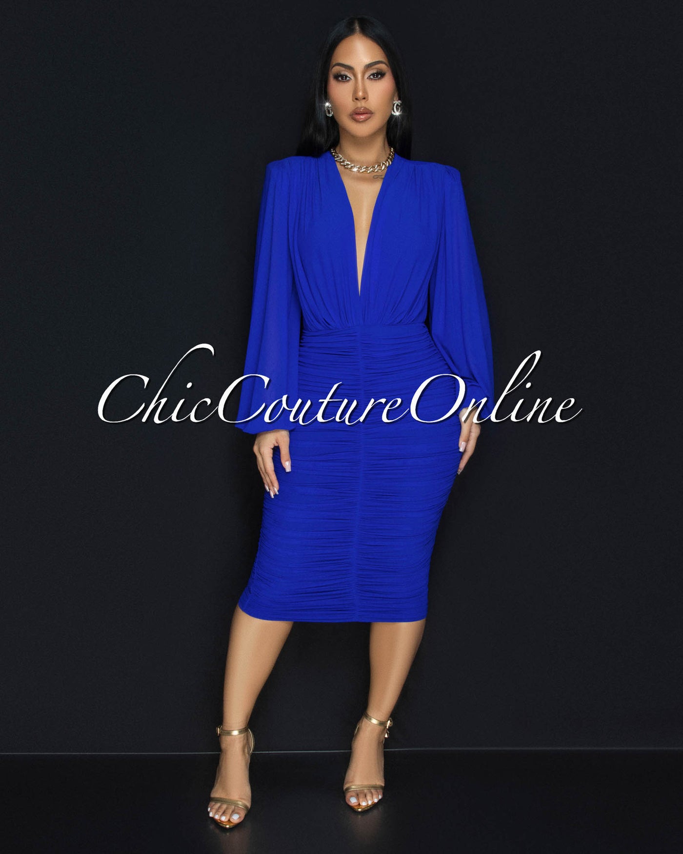 Vanica Royal-Blue Mesh Overlay Plunging V-Neck Midi Dress