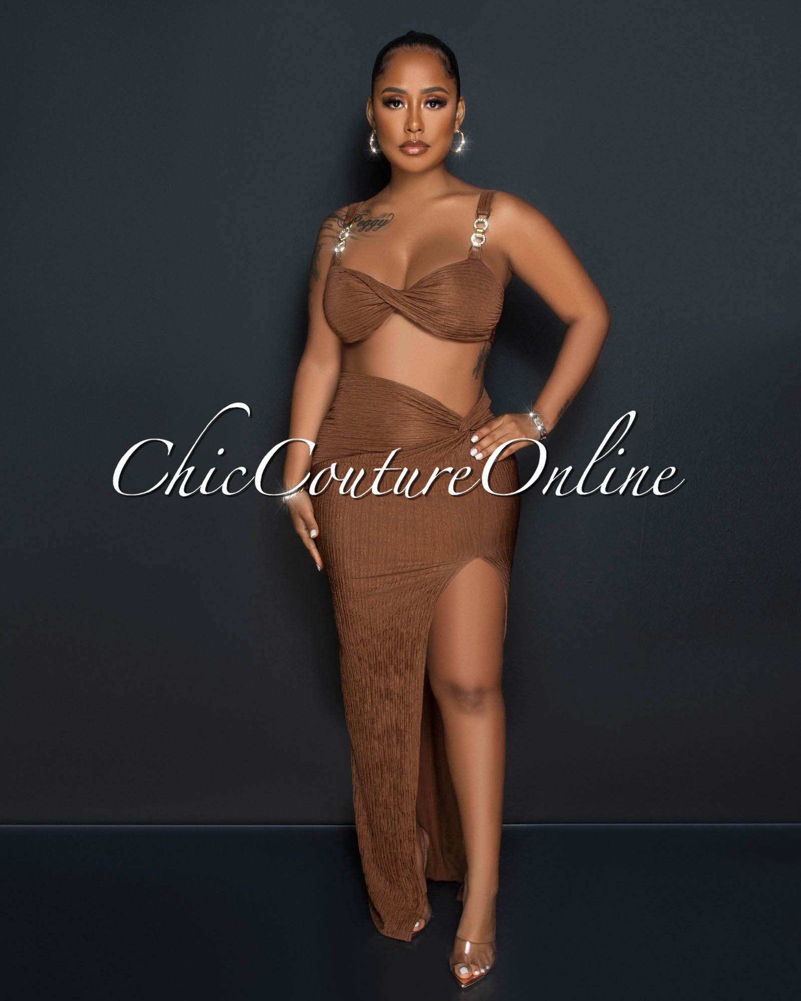 Morena Brown Gold Link Straps Crop Top & Maxi Skirt Set