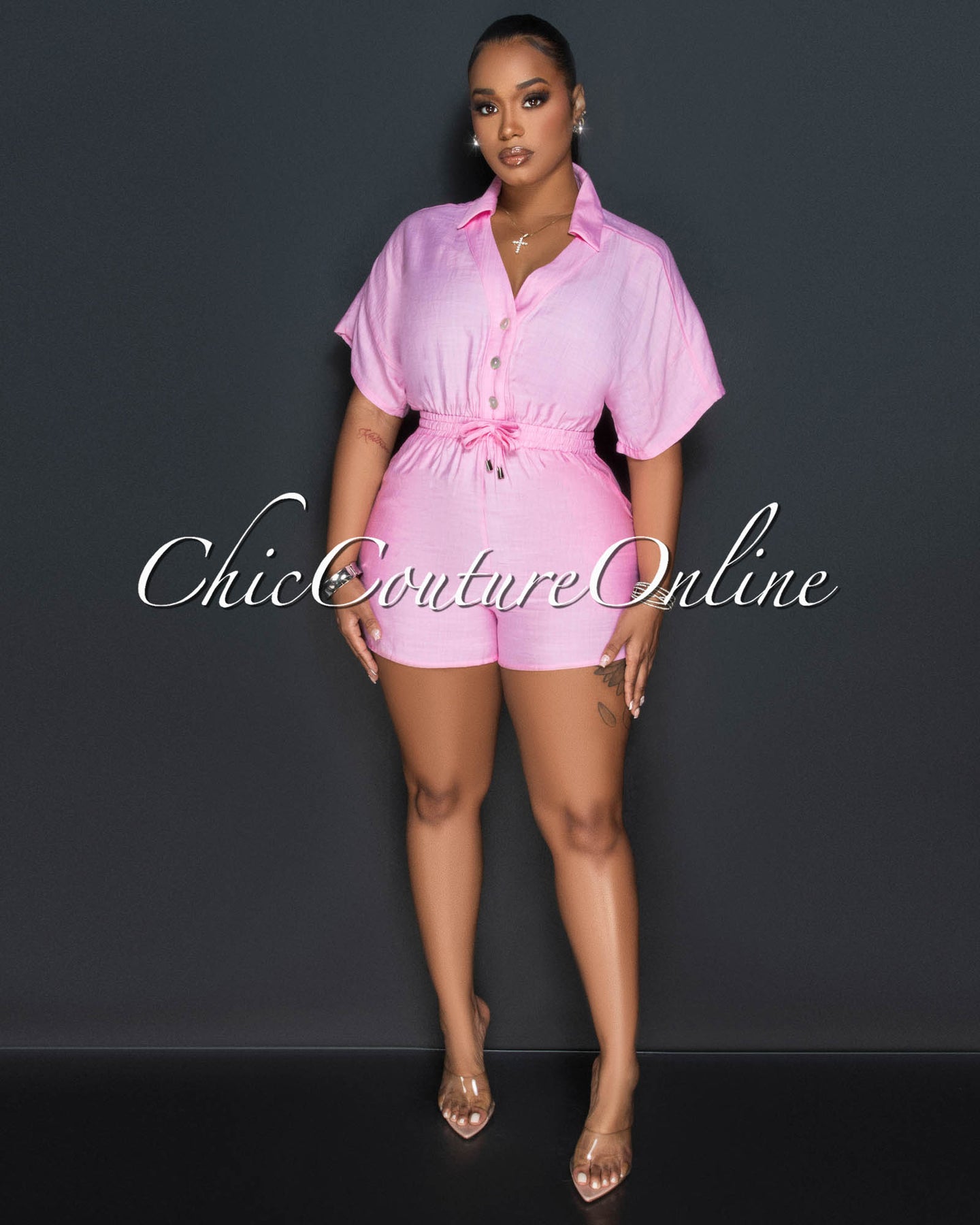 Fausta Baby Pink Front Buttons Utility Romper
