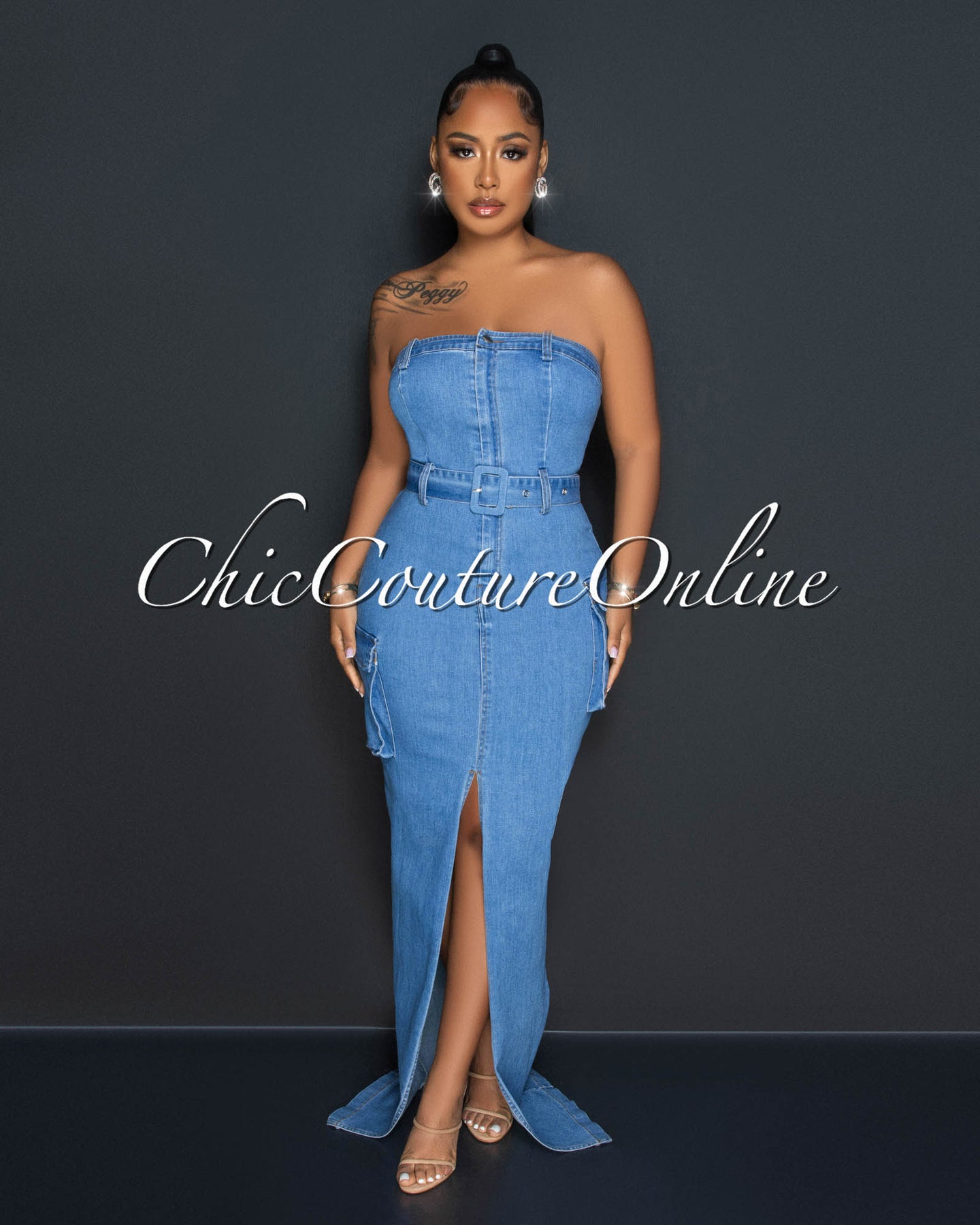 *Avion Medium Blue Denim Belt Front Slit Maxi Cargo Dress