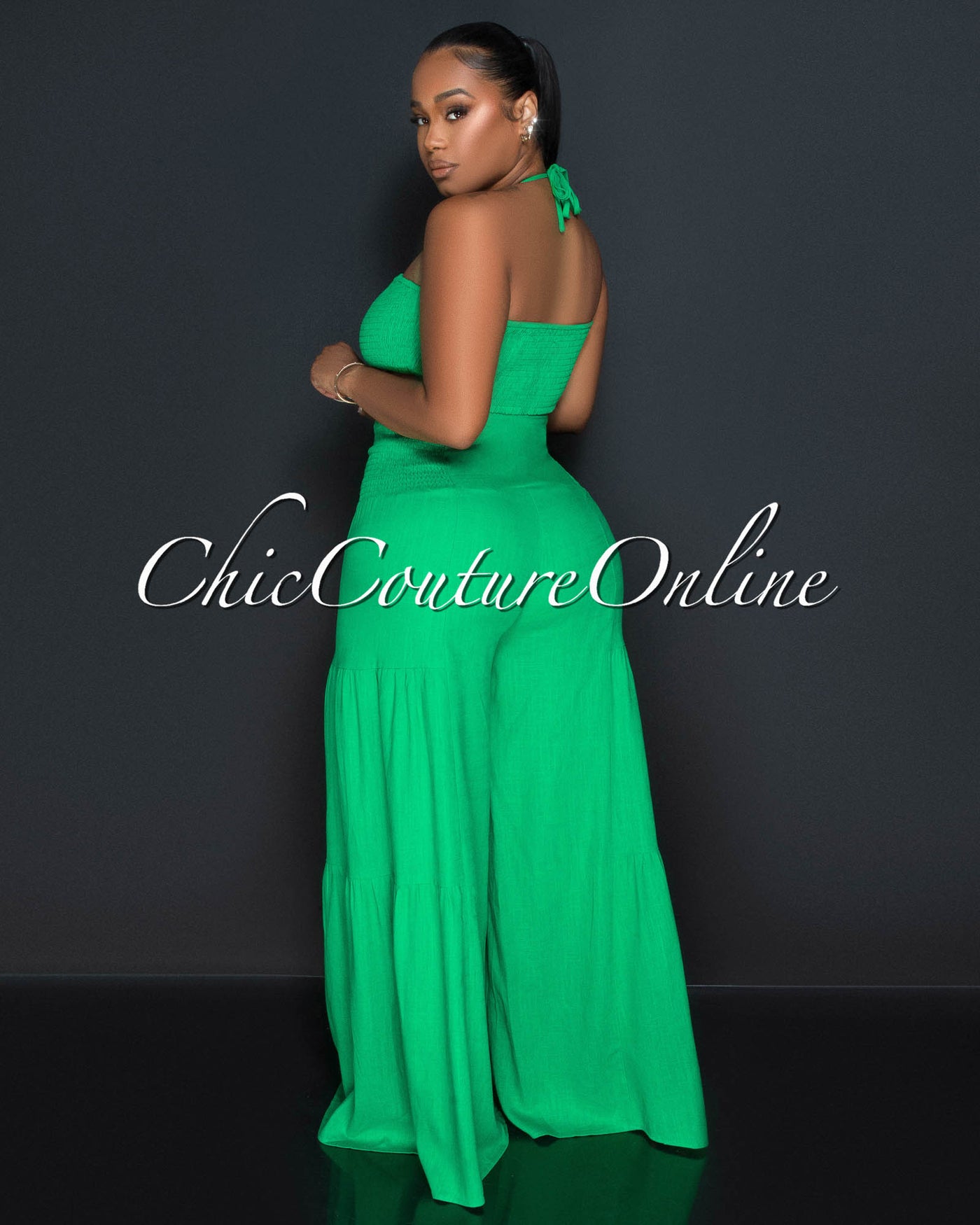 Lula Green Halter Smocked Crop Top & Linen Wide Pants Set