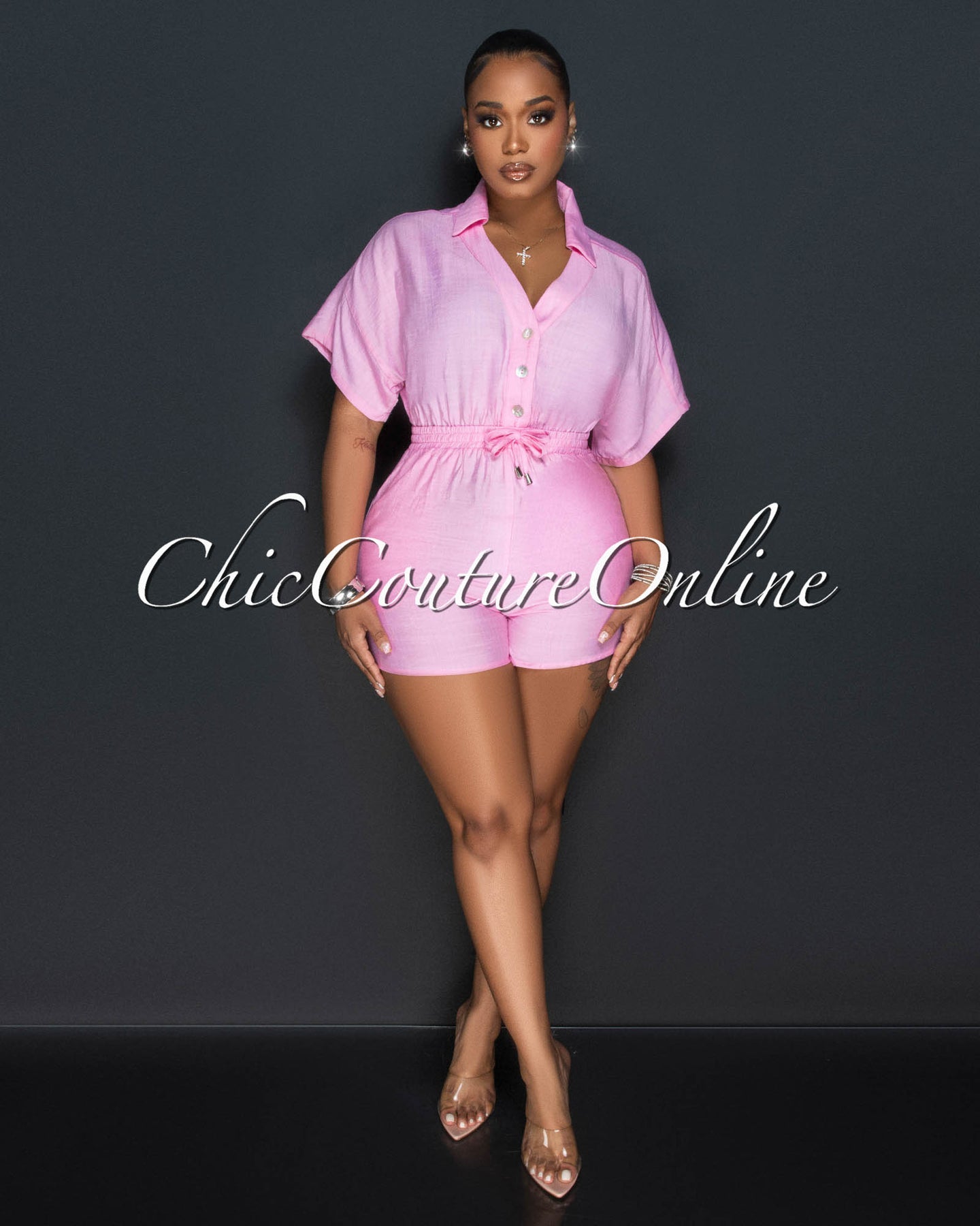 Fausta Baby Pink Front Buttons Utility Romper