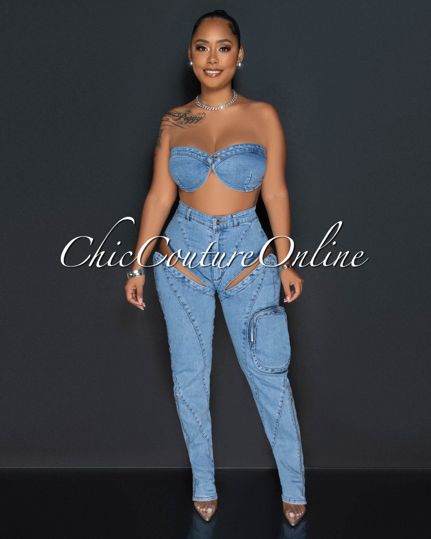 Maine Light Denim Crop Top & Cut-Out Jeans Set