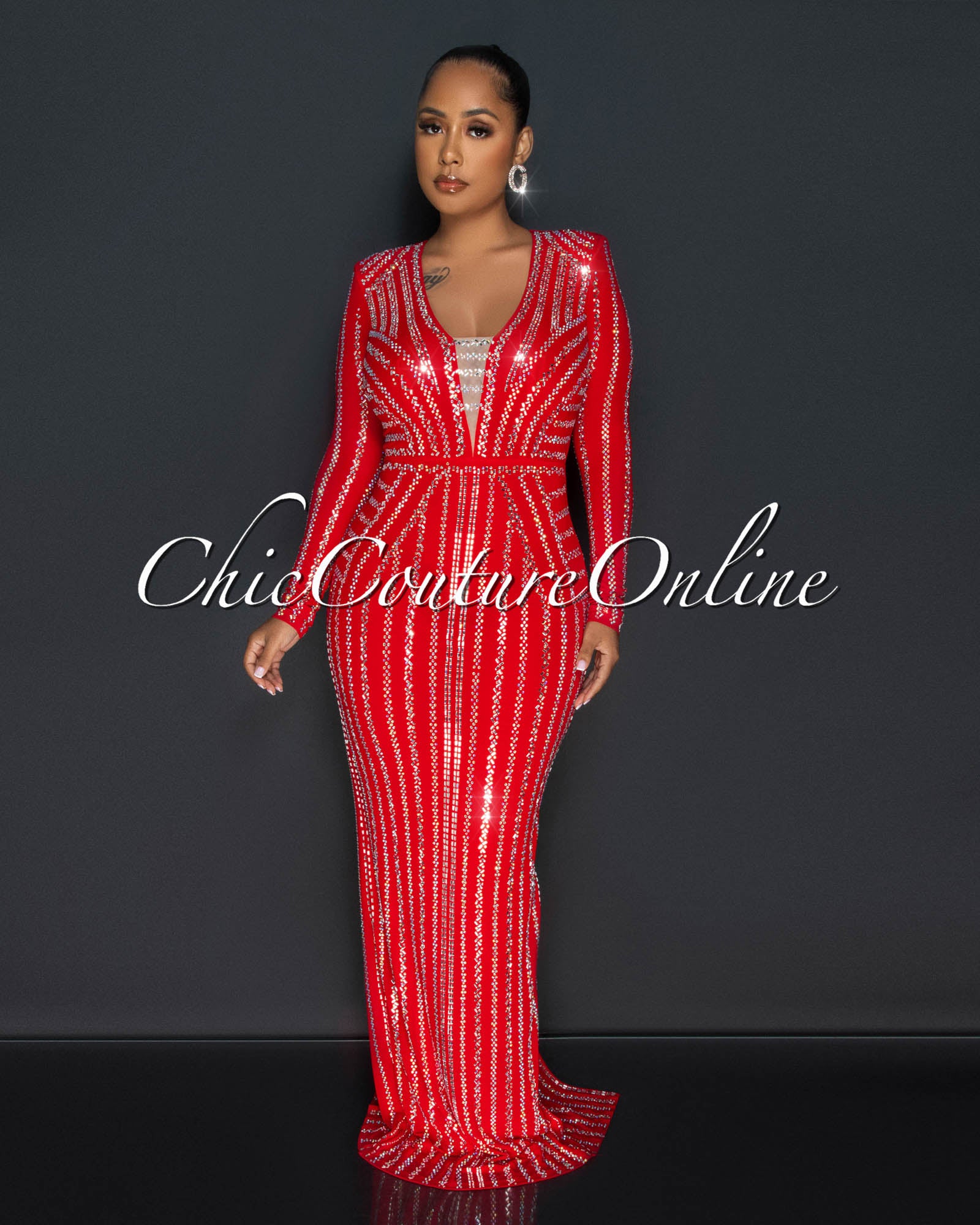 Demetria Red Silver Rhinestones Maxi Dress