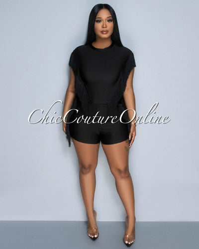 Arturo Black Fringe Open Sides Top & Shorts Set