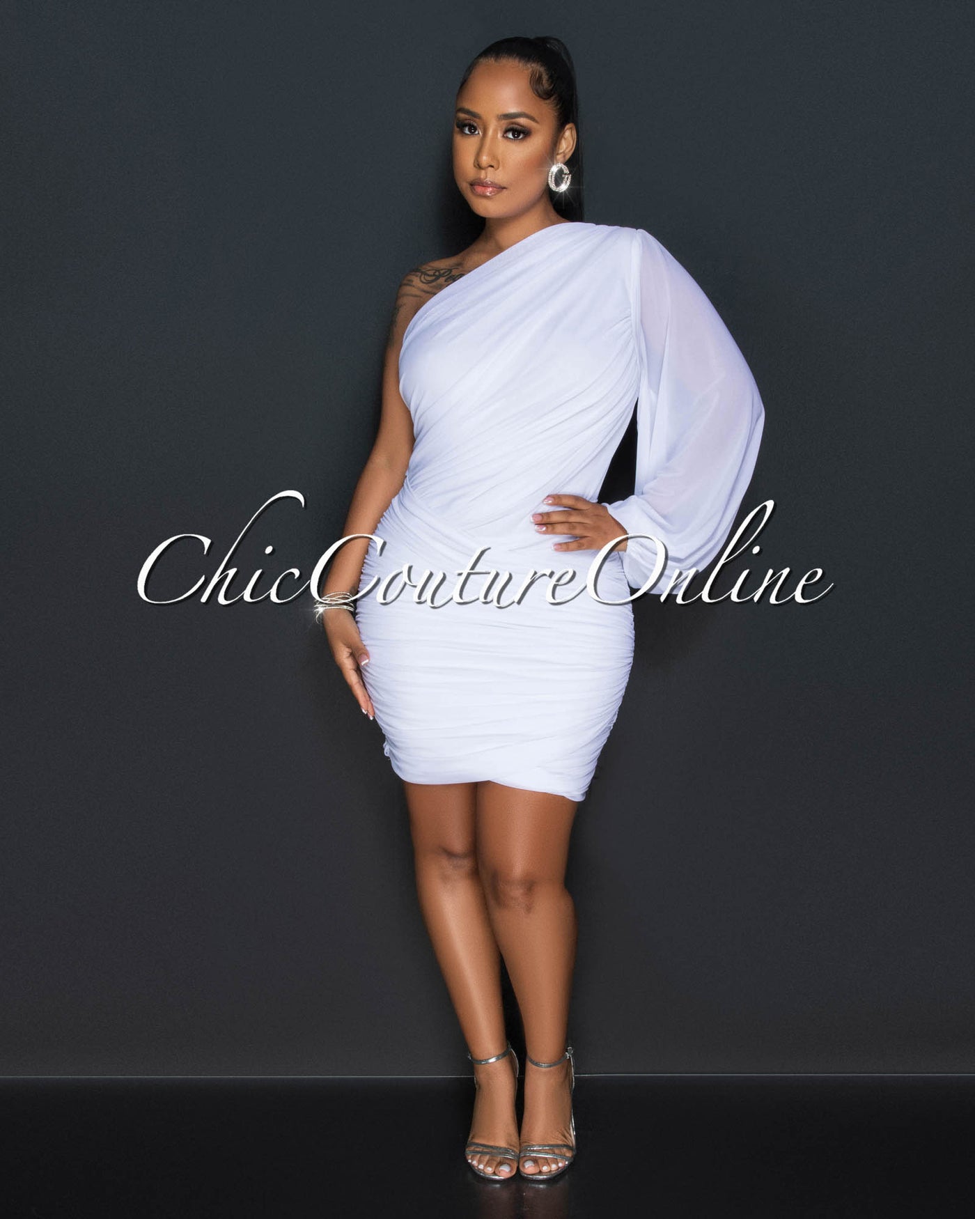 Carrey White Single Long Mesh Sleeve Draped Dress