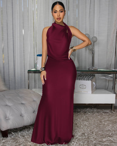 Dahlia Eggplant Draped Halter Maxi Dress (9/3/25)