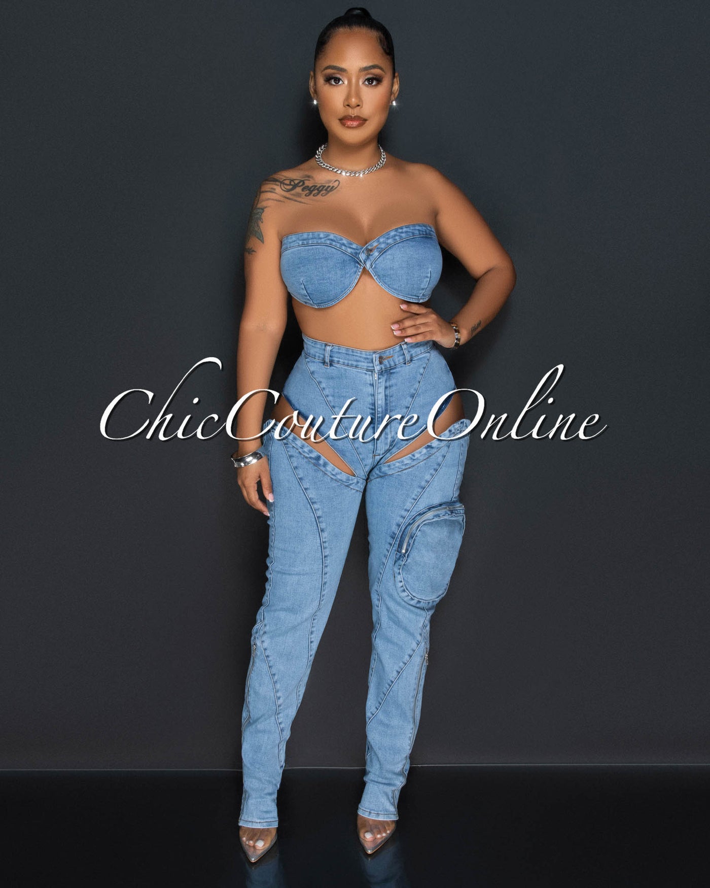 Maine Light Denim Crop Top & Cut-Out Jeans Set