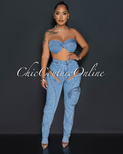 Maine Light Denim Crop Top & Cut-Out Jeans Set