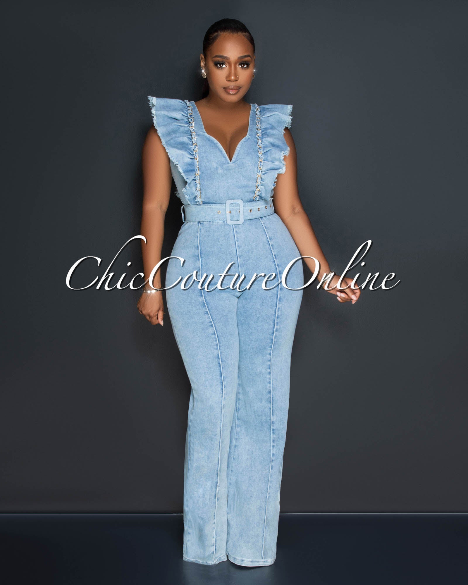 *Watson Light Denim Gold Link Ruffle Jumpsuit