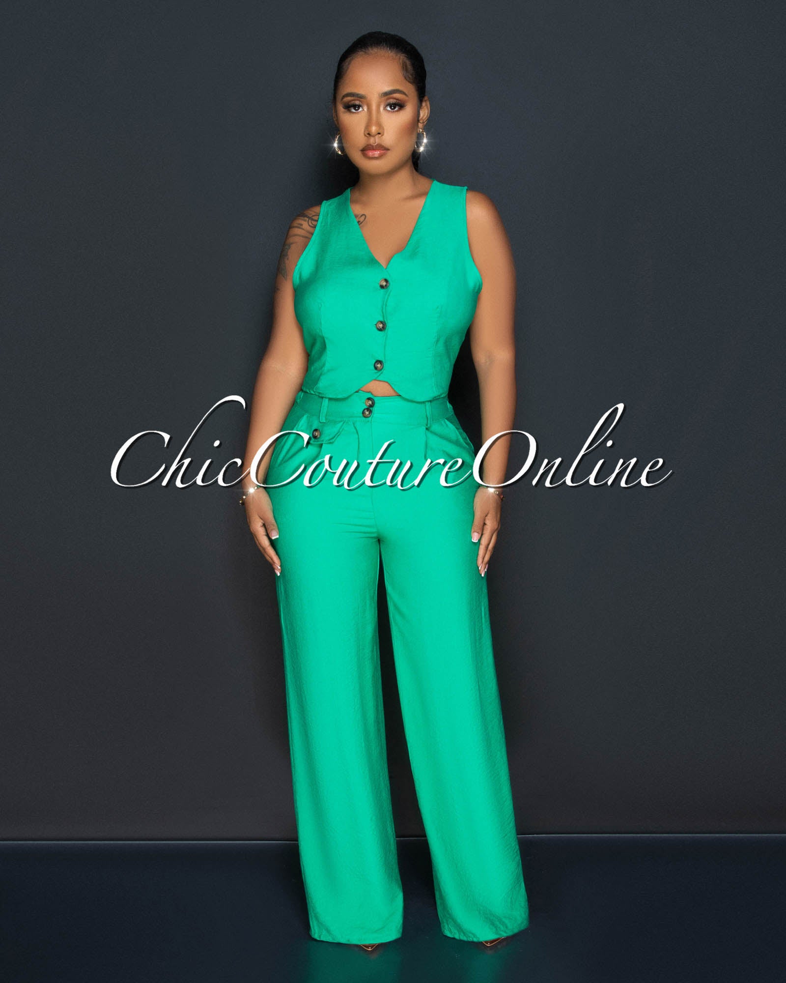 Orene Green Buttons Crop Top & Wide Pants Set