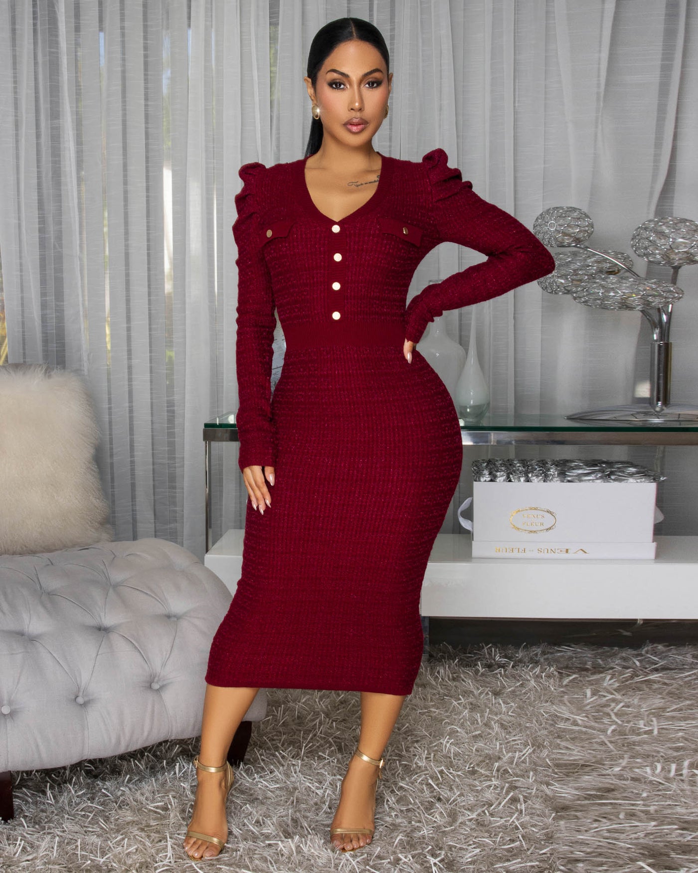 Novia Burgundy Gold Shimmer Knit Midi Dress