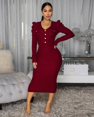 Novia Burgundy Gold Shimmer Knit Midi Dress