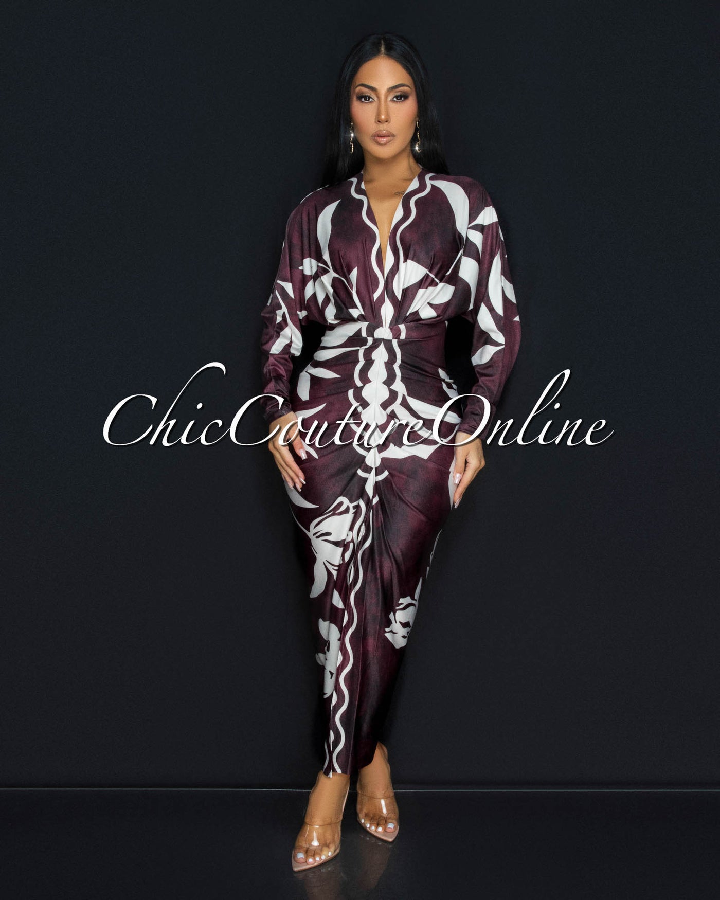 Maluma Maroon Cream Print Midi Dress